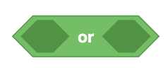 A green, diamond-shaped block from a visual programming interface labeled 'or.' The block has two open hexagonal slots on either side where additional blocks can be inserted. This block is used to represent a logical 'or' operation, combining two conditions.