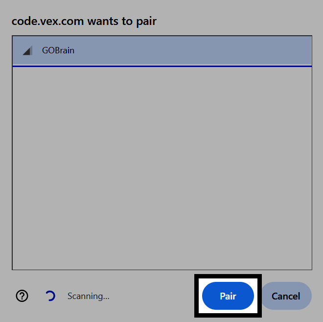 Screenshot of the browser's Bluetooth pairing dialog, with the Pair button highlighted.