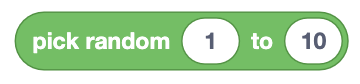 A green, rounded block from a visual programming interface labeled 'pick random.' The block contains two input fields with the values '1' and '10,' separated by the word 'to.' This block represents a function that picks a random number between the specified range of 1 to 10.