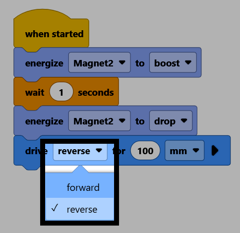 Screenshot of the finished project, with the drive for block's direction dropdown open, showing forward and reverse options, and reverse selected.