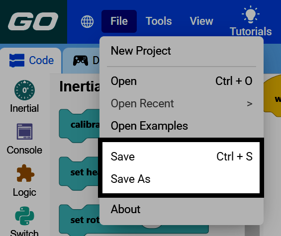 Screenshot of the File menu open, with the Save and Save As options highlighted.