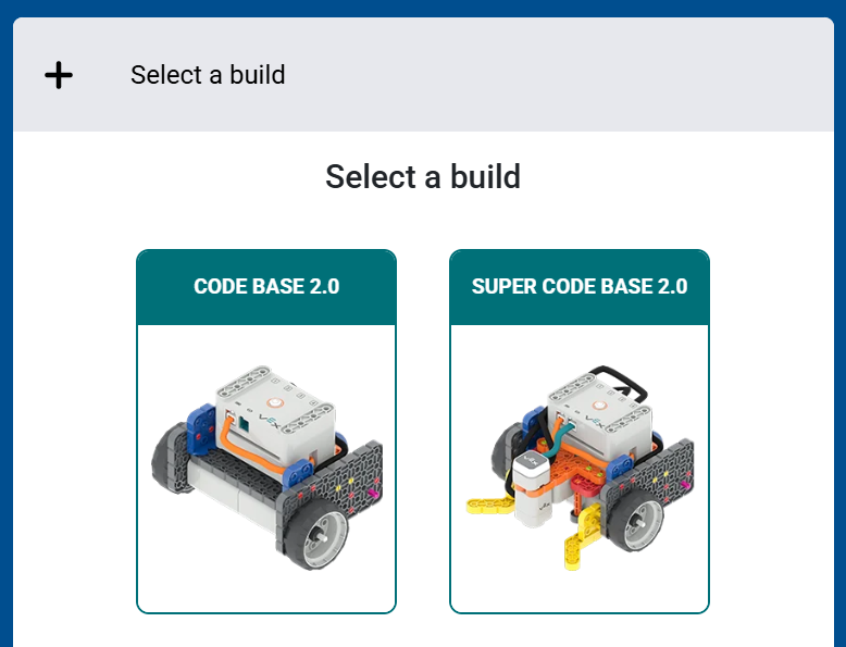 Screenshot of the Select a build screen, showing the Code Base 2.0 and Super Code Base 2.0 build options.