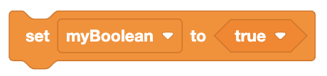A notched coding block with the text 'set myBoolean to true' with dropdown menus for the variable name and the Boolean value.
