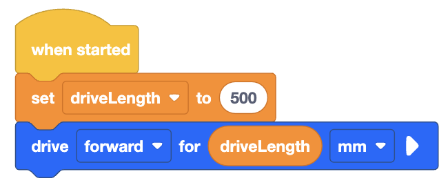 A coding block sequence starting with 'when started,' followed by 'set driveLength to 500,' and then 'drive forward for driveLength mm.'"