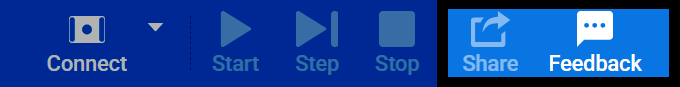 Screenshot of the VEXcode GO toolbar, with the Share and Feedback buttons highlighted.