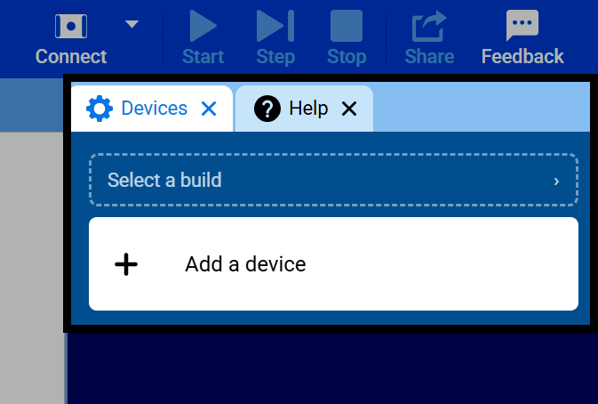 Screenshot of the VEXcode GO window, with the Devices and Help tabs highlighted.