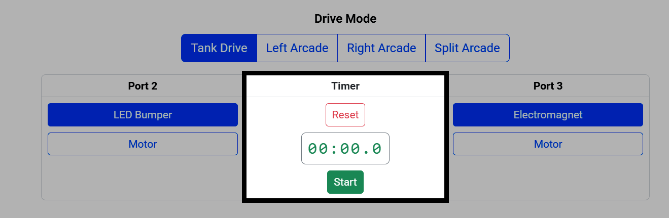 Screenshot of Drive mode, with the Timer highlighted, showing the Reset button, time display, and Start button.