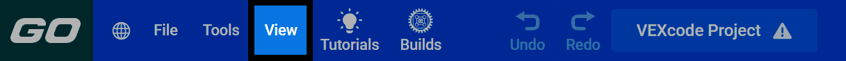 Screenshot of the VEXcode GO toolbar, with the View menu highlighted.