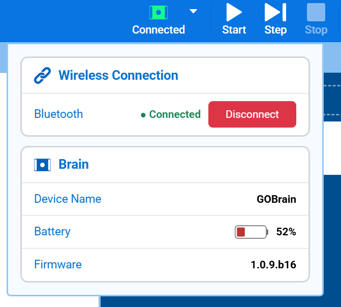 Screenshot of the Wireless Connection and Brain sections, showing Bluetooth connected and the Brain's Device Name, Battery, and Firmware.
