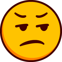 Egy félig homlokráncoló emoji jobbra néző szemekkel és irritált szemöldökkel.
