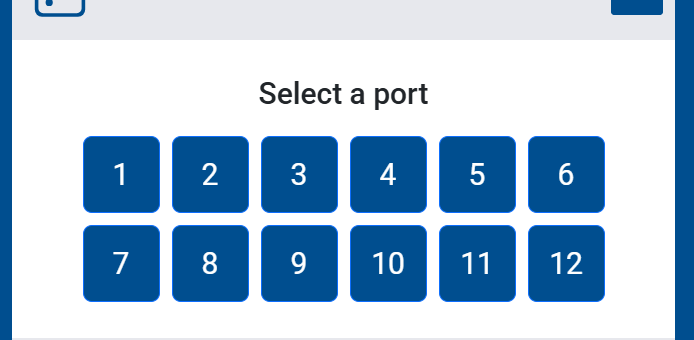 A motor portválasztási képernyőjének képernyőképe, amelyen az 1–12. portok közül lehet választani.