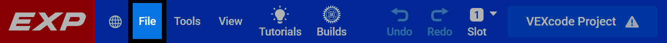 Tangkapan layar toolbar VEXcode EXP, dengan tombol File disorot.