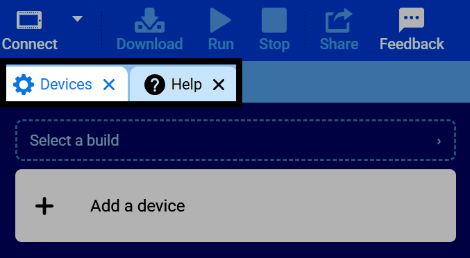 Tangkapan layar jendela VEXcode V5, dengan tab Perangkat dan Bantuan disorot.
