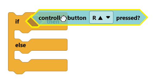 A controller button R up pressed Boolean block being dragged into the empty condition slot of an if/else block.