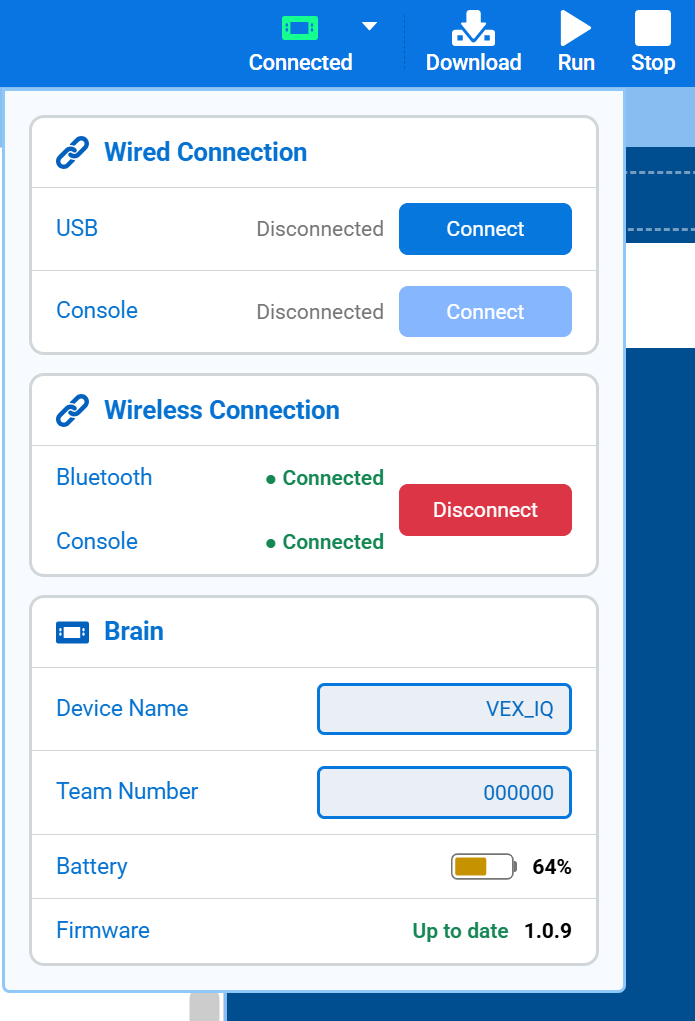 Screenshot of the Brain section, showing the Device Name, Team Number, battery level, and firmware version.