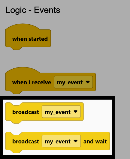 Screenshot of the Logic - Events toolbox category, with the broadcast and broadcast and wait blocks highlighted.