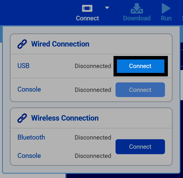 Screenshot of the Connect dialog, with the Connect button under the Wired Connection section highlighted, next to USB.