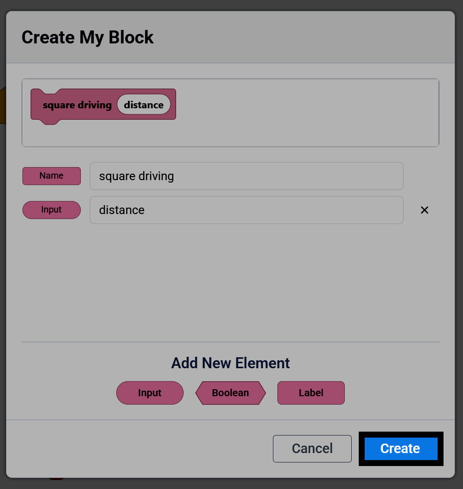 Screenshot of the Create My Block dialog, with the Create button highlighted.