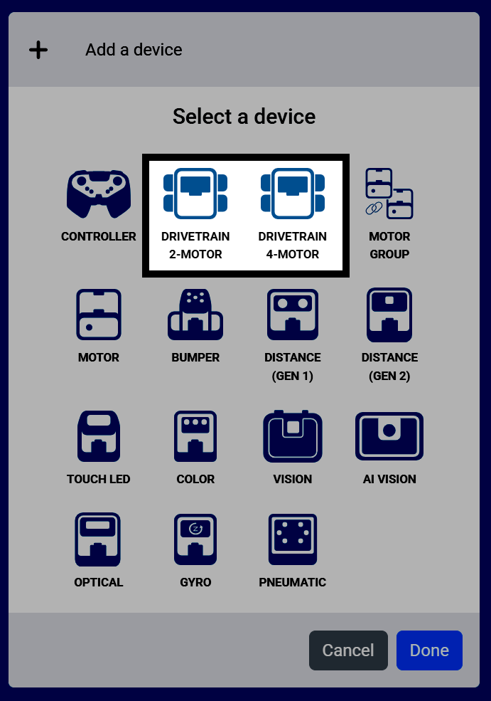Screenshot of the Select a device screen, with Drivetrain 2-Motor and Drivetrain 4-Motor highlighted.