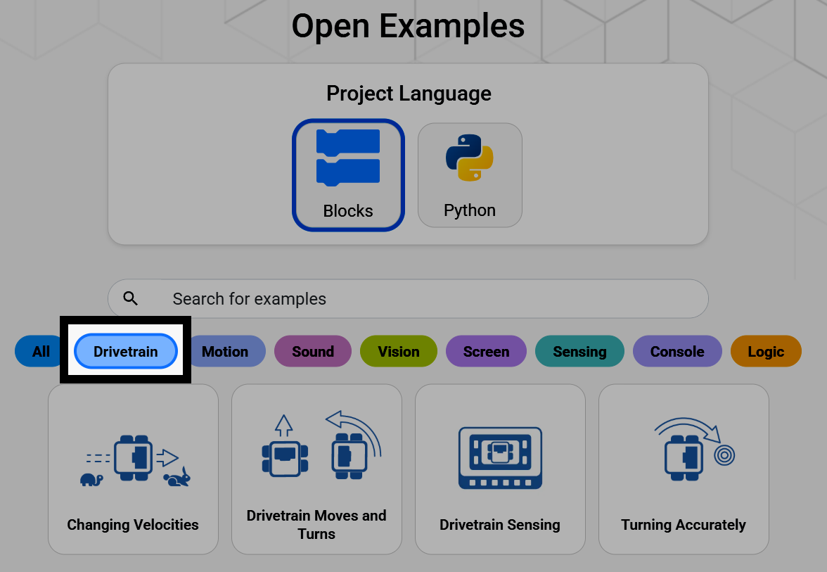 Screenshot of the Open Examples page, with the Drivetrain filter highlighted and its matching example projects shown.