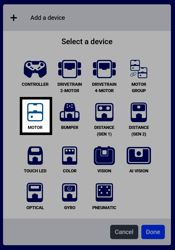 Screenshot of the Select a device screen, with Motor highlighted.