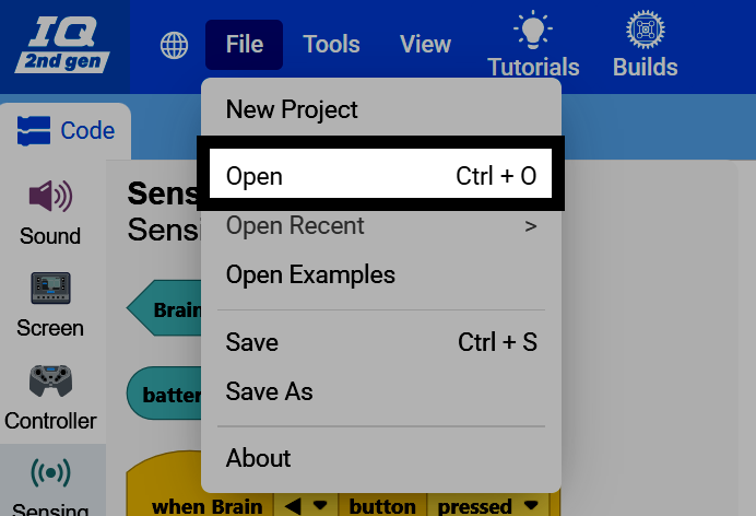 Screenshot of the File menu open, with the Open option highlighted.