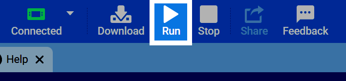 Screenshot of the VEXcode IQ (2nd gen) toolbar with the Run button highlighted.