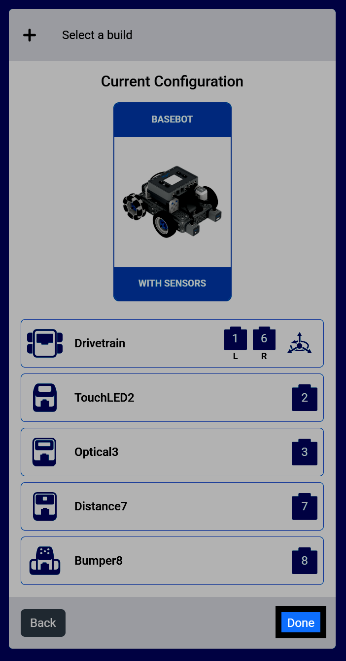 Screenshot of the Current Configuration screen, showing the build's devices and the Done button highlighted.