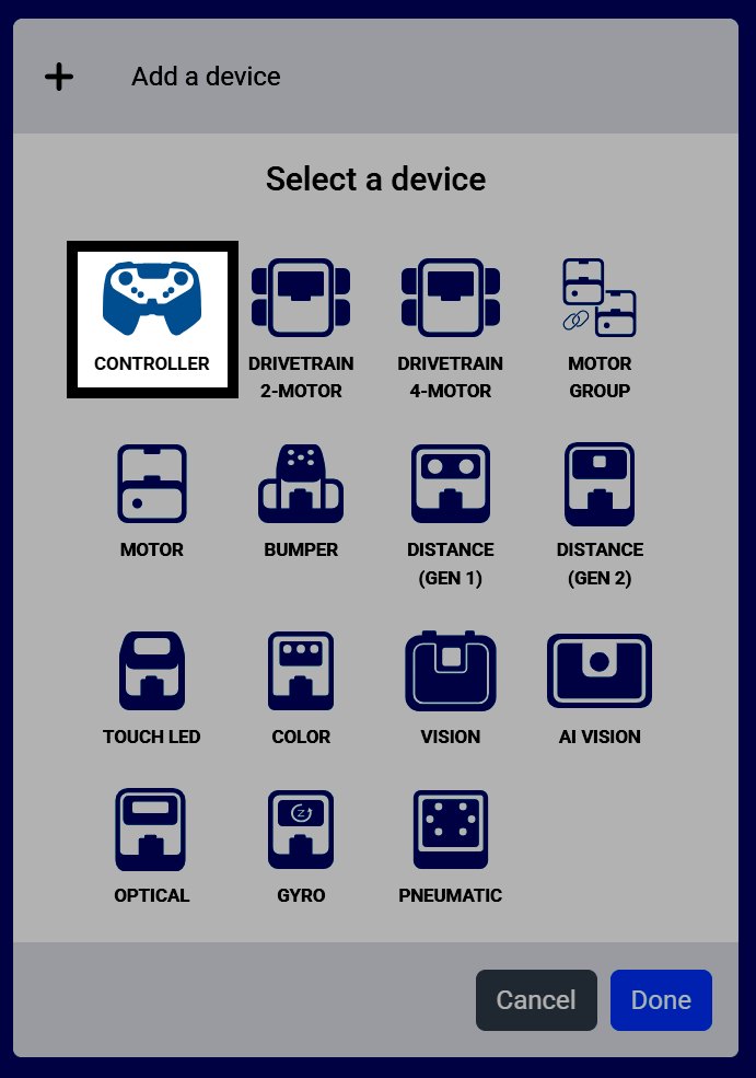 Screenshot of the Select a device screen, with Controller highlighted.