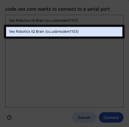 Screenshot of the browser's serial port dialog on Mac, with the option that has the largest number highlighted.