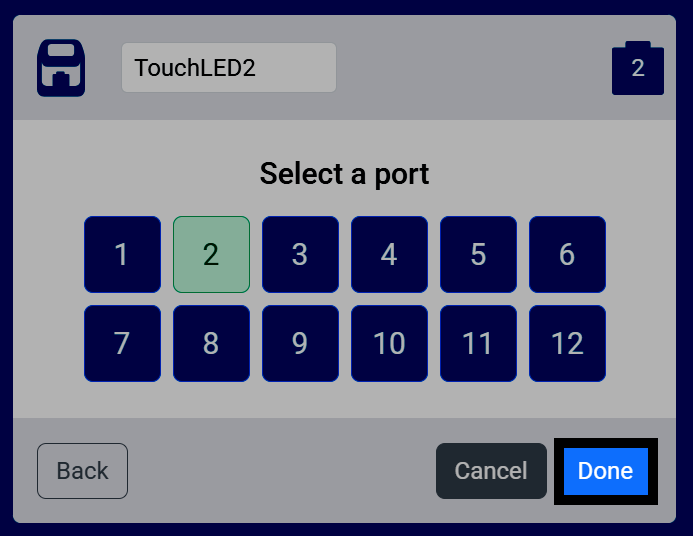 Screenshot of the Select a port screen for a sensor, with a port selected and the Done button highlighted.