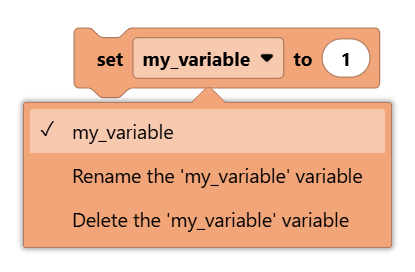 Screenshot of the set numeric variable block's dropdown open, showing the my_variable option along with Rename the 'my_variable' variable and Delete the 'my_variable' variable options.