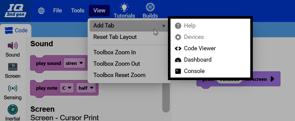 Screenshot of the Add Tab submenu, showing Help, Devices, Code Viewer, Dashboard, and Console as tab options.