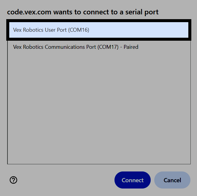 Screenshot of the browser's serial port dialog on Windows, with the Vex Robotics User Port option highlighted.