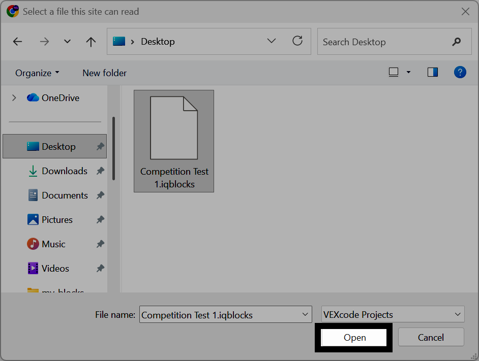 Screenshot of the Windows file picker, with a project file selected and the Open button highlighted.