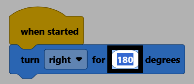 Ekrano kopija, kurioje matyti posūkis bloke po pradėtu bloku, kur laipsnių laukas paryškintas ir pakeistas į 180.