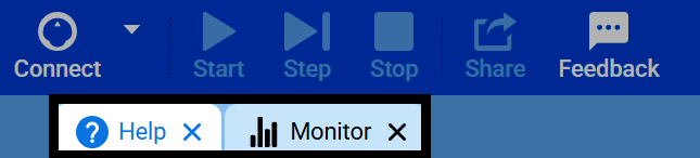 VEXcode 123 loga ekrānuzņēmums, kurā ir iezīmētas cilnes Palīdzība un Monitors.