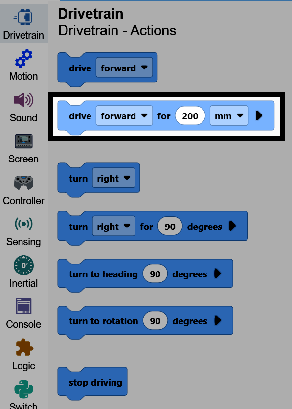 Rīklodziņa ekrānuzņēmums ar atvērtu piedziņas kategoriju, kurā redzami tās piedziņas bloki.