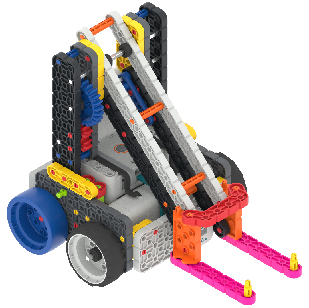 VEXcode VR robota logā redzams GO sacensību robots. Tajā redzams, kā robots vada un manipulē ar Marsa lauka objektiem, izmantojot rokas motoru un priekšējās acs sensoru.
