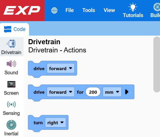 ഡ്രൈവ്‌ട്രെയിൻ വിഭാഗം തുറന്നിരിക്കുന്ന ടൂൾബോക്‌സിന്റെ സ്‌ക്രീൻഷോട്ട്, അതിന്റെ ഡ്രൈവ്, ടേൺ ബ്ലോക്കുകൾ കാണിക്കുന്നു.