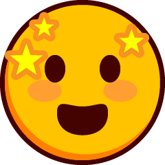 Een grijnzende emoji met blozende wangen en sterren rond zijn hoofd.