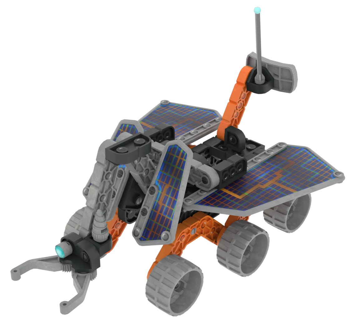 De VR Rover die gebruikt wordt in Rover Rescue, met een klauw aan de voorkant om mineralen te verzamelen.