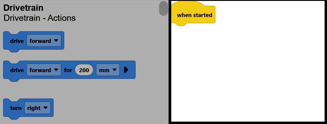 Captura de ecrã da janela VEXcode V5, com o ambiente de trabalho seleccionado, mostrando um bloco "quando iniciado" e a caixa de ferramentas esbatida à esquerda.
