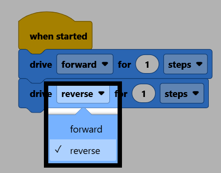 Skärmdump av två körningar för block under ett påbörjat block, med det andra blockets riktningsrullgardinsmeny öppen och bakåt vald.