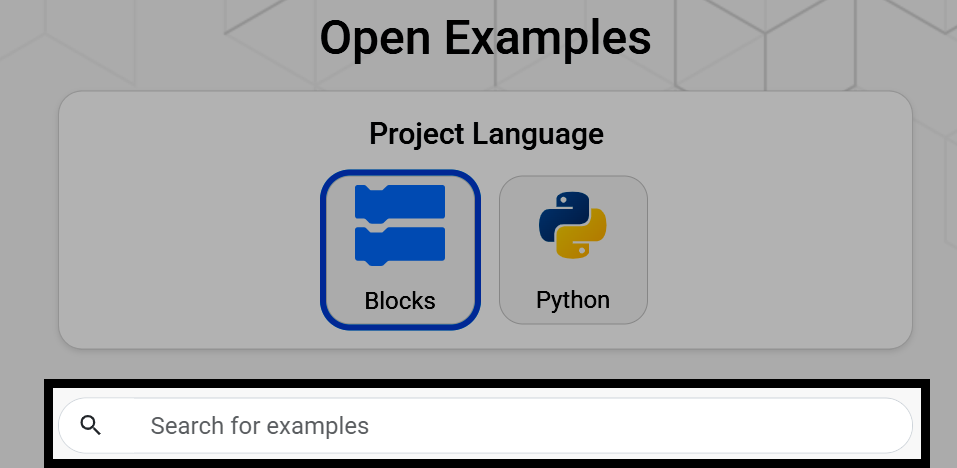 Skärmdump av sidan Öppna exempel, med sökfältet markerat.