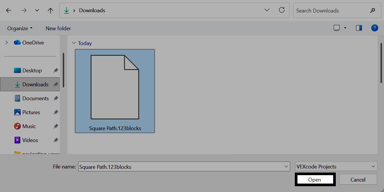 Windows dosya seçici ekranının ekran görüntüsü; Square Path.123blocks proje dosyası seçili ve Aç düğmesi vurgulanmış durumda.