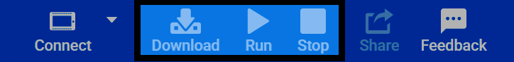 Знімок екрана панелі інструментів VEXcode V5 з виділеними кнопками «Завантажити», «Виконати» та «Зупинити».