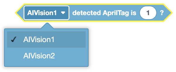 AI Vision Sensor displaying an AprilTag detection interface with various sensor readings and status indicators.