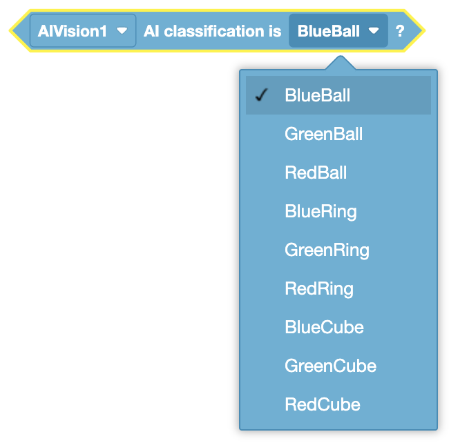 AI Vision classification output displaying detected object types and their identifiers in a robotics context.