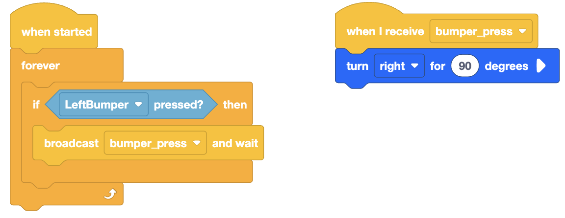 Image illustrating various event blocks in VEXcode, including When Started, When Autonomous, and When Controller Button.